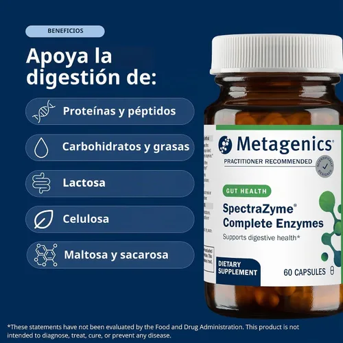 Vista 3 de Metagenics Complejo enzimático completo SpectraZyme, 60 cápsulas