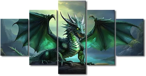 Vista 93 de Lienzo decorativo para pared de sala de estar, lienzo de dragón, 5 paneles, dragón verde, decoración de pared para el hogar, decoración de pared