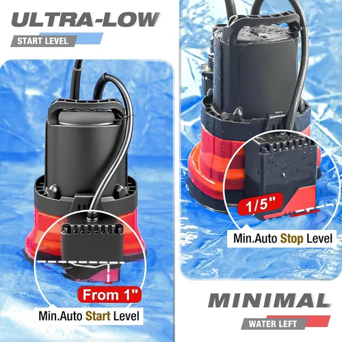 Vista 3 de MEDAS Bomba sumergible automática de 1/3 HP 2450 GPH, encendido/apagado automático con sensor inteligente, drena a 0.04 pulgadas, bomba de agua
