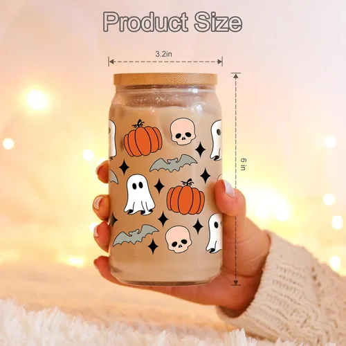 Vista 4 de Coolife Taza de otoño de calabaza y fantasma de Halloween – Taza de otoño de calabazas de 16 onzas, vaso de vidrio para café helado, tazas de vidrio