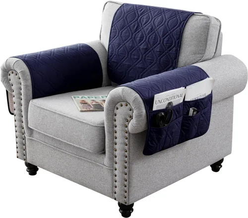 Vista 15 de Juego de 3 fundas impermeables para sofá reclinable, funda para reposabrazos y reposacabezas con 6 bolsillos de almacenamiento, protector acolchado