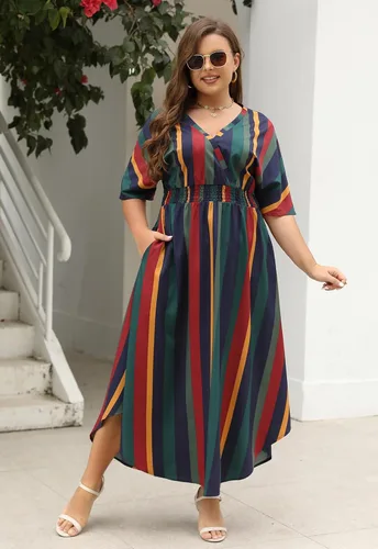 Vista 2 de Nemidor NEM403 - Vestido largo acampanado con cuello en V y estampado bohemio para mujer, talla grande, con bolsillo