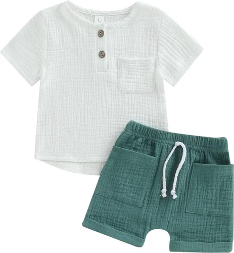 Vista 15 de fhutpw Conjunto de 2 piezas de ropa de verano para bebés, camiseta de manga corta, cintura elástica, pantalones cortos para niños pequeños