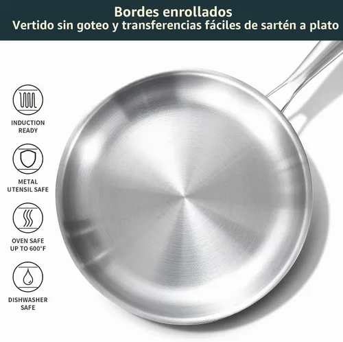Vista 4 de DELARLO Sartén de acero inoxidable de tres capas con tapa de 8 pulgadas