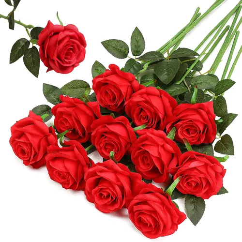 Vista 20 de Rosas artificiales negras – 10 piezas de rosas artificiales falsas de seda con tallos para decoración del hogar, boda, hotel, oficina, centro de mesa