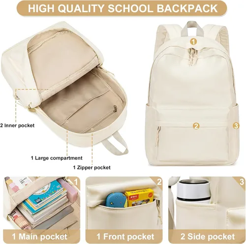Vista 4 de BLUBOON Mochila escolar de lona, mochila escolar para adolescentes y niñas, escuela secundaria (Water Bule 3 en 1)