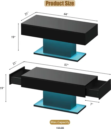 Vista 2 de HedoAjim - Mesa de café negra con LED y 2 cajones de almacenamiento para sala de estar, mesa rectangular de centro para sala de estar, mesas de café