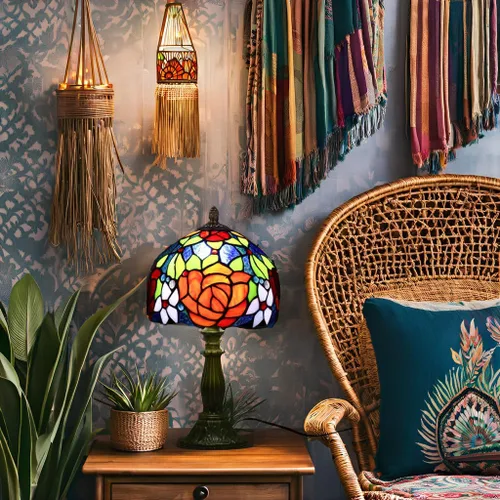 Vista 7 de Tiffany Style Lamp Rose Flower Lámpara de mesa de vidrieras rosa roja 8 x 8 x 14 pulgadas lámpara de escritorio de oficina en casa luces decorar