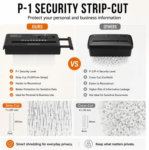 Vista 6 de Trituradora de papel compacta de corte en banda, capacidad de 6 hojas, nivel de seguridad P-1, funcionamiento continuo de 3 minutos, 4 modos