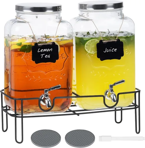 Vista 9 de Moretoes Dispensador de bebidas de vidrio de 1 galón para fiestas, dispensador de bebidas para jugo y té helado, tarro hermético de vidrio para té