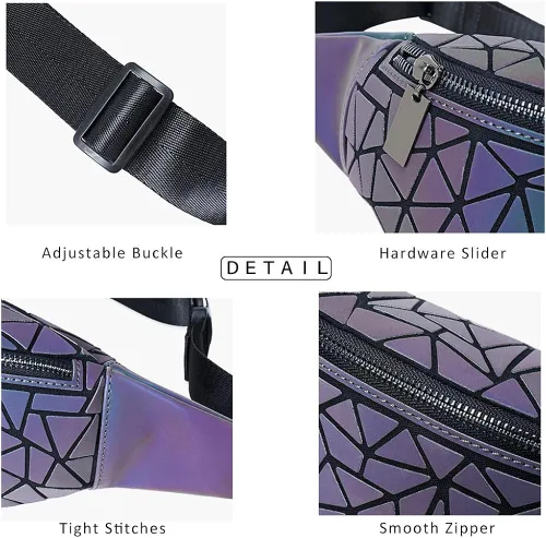 Vista 5 de Riñoneras para mujeres y hombres, bolsa holográfica luminosa para el pecho, paquete de cintura geométrica para viajes, festivales, correr, deportes