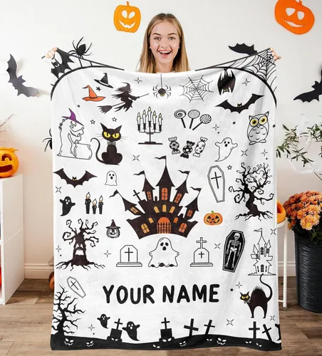 Vista 15 de Manta de Halloween personalizada con nombre, mantas de Halloween personalizadas para niños, Halloween personalizada para niños y niñas, bonita manta
