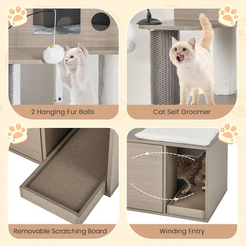 Vista 9 de Tangkula Árbol para gatos con caja de arena, torre para gatos con caja de arena, condominio para gatos, tabla de rascar, perca de felpa suave, bolas