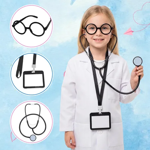 Vista 4 de Juego de accesorios de disfraz de doctor que incluye estetoscopio, gafas, tarjetero de identificación con cuerda, disfraz de Halloween, kit