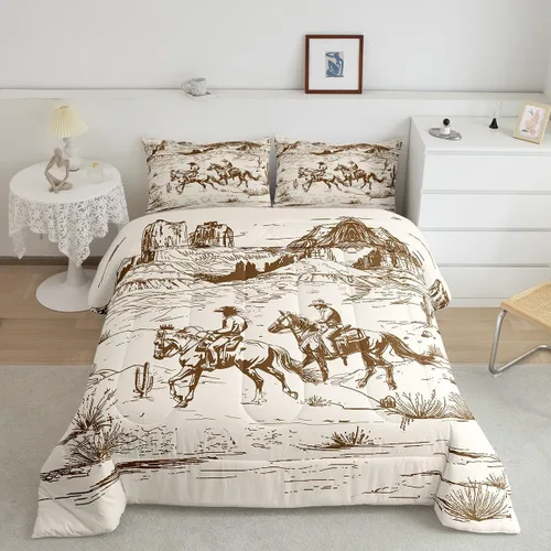 Vista 28 de Juego de edredón de vaquero individual, ropa de cama occidental para niños y hombres, ilustración dibujada a mano de caballo americano salvaje