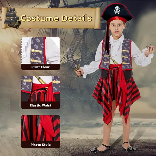 Vista 2 de Joy Bang Disfraz de pirata para niños, disfraces de bucanero de Halloween para niños y niñas de 3 a 12 años, juego de rol de simulación de cosplay
