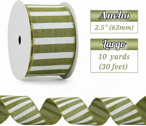 Vista 2 de Cinta Verde Musgo con Alambre de 2.5" Rayas Horizontales Verde Blanco Arpillera Cinta de Árbol de Navidad Cinta Verde Rústica con Alambre de Navidad