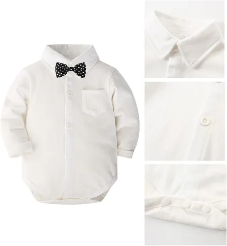 Vista 3 de SALNIER Conjunto de ropa de traje de bebé niño esmoquin trajes de caballero trajes de corbatín camisa tirantes pantalones boina sombrero 0-24M