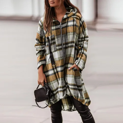 Vista 5 de Camisa estampada a cuadros para mujer, con cremallera, manga larga, con capucha, chaqueta irregular