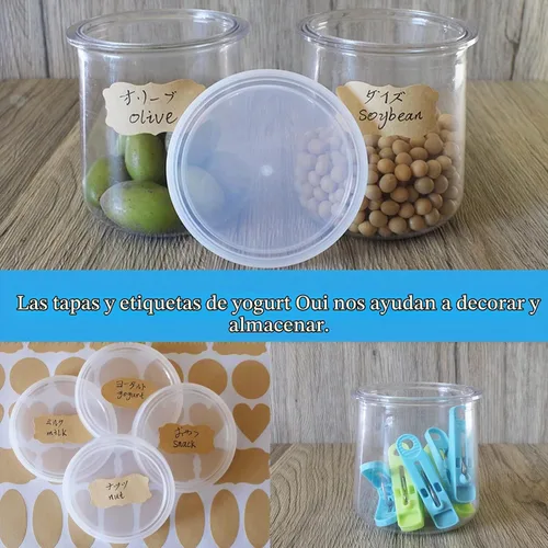 Vista 4 de Tapas para tarros de yogur compatibles con Oui, con etiquetas, plástico transparente, paquete de 12 12+1