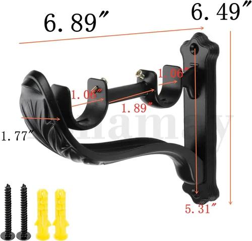 Vista 2 de 2 piezas de soportes dobles para varilla de cortina, soportes negros retro de montaje en pared para ganchos de varilla de cortina con tornillo