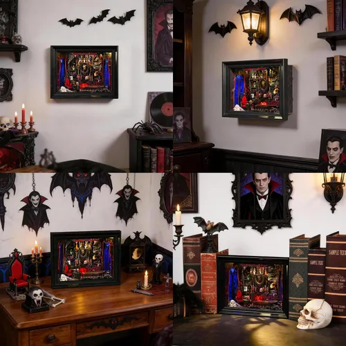 Vista 7 de Kit de rincón de libros, rompecabezas de madera 3D con control de interruptor LED y marco para montar en pared, casa en miniatura