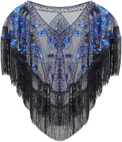 Vista 18 de Chales envolventes para mujer de los años 1920 con lentejuelas y cuentas, chales nupciales estilo flapper, capa de noche A #. Estilo 2-negro y dorado
