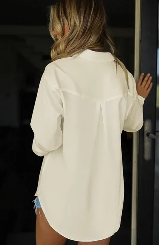 Vista 5 de HOTOUCH Camisas de gran tamaño con botones para mujer, blusa de hombro caída para oficina, de manga larga, estilo novio, camisa de vestir