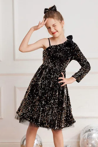 Vista 4 de GRACE KARIN Vestido de lentejuelas para niñas, vestido de fiesta brillante de un hombro con lazo para el cabello