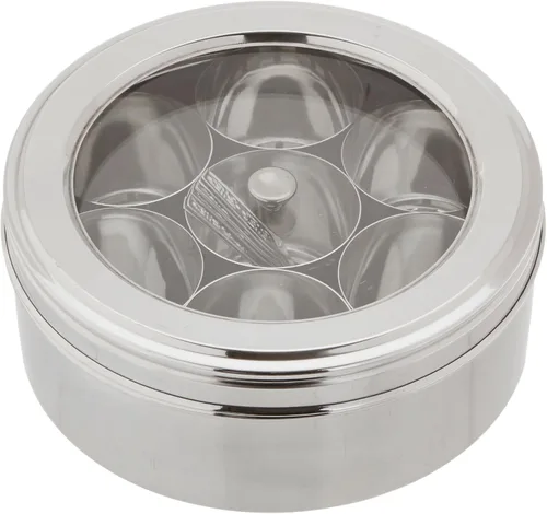 Vista 2 de Tabakh Masala Dabba - Caja de acero inoxidable con 7 cucharas, con pantalla transparente y tapa transparente