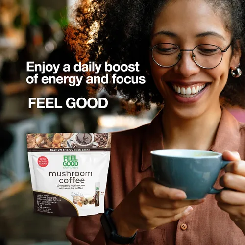 Vista 8 de Feelgood Company - Café de hongos con 10 hongos orgánicos y café arábica, 30 paquetes de barritas, cero azúcar añadido, apoya la salud inmunológica