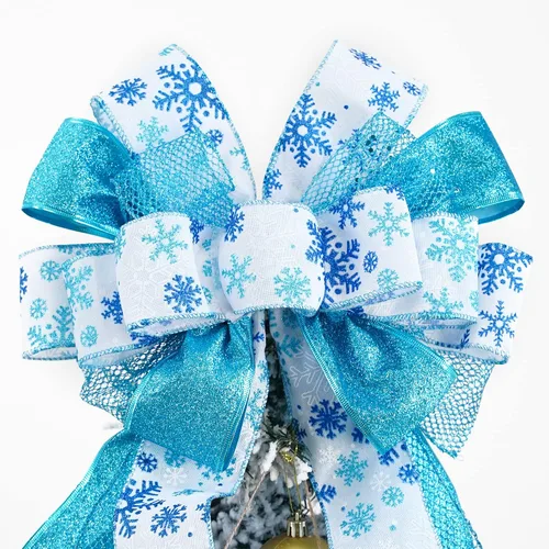 Vista 5 de MEEDEE Adorno Superior Azul para Árbol de Navidad de 12" de Ancho Lazos de Navidad con Purpurina Lazo de Cinta de Copo de Nieve Lazos Superiores