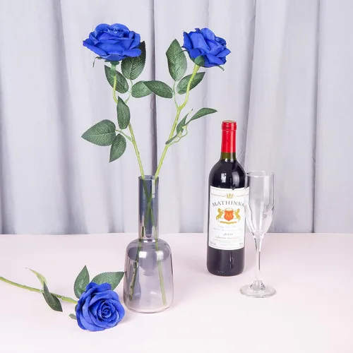 Vista 3 de 10 ramos de rosas artificiales de seda de color azul real, de un solo tallo largo, de terciopelo de tacto real, para decoración del hogar, oficina