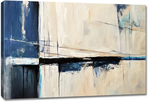 Vista 28 de Lienzo abstracto grande para pared, pinturas artísticas modernas de acuarela, fantasía negra y azul, graffiti colorido sobre fondo blanco