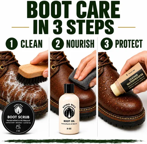 Vista 4 de Kit para cuidado de botas de cuero - Fabricado en Estados Unidos (No en China) - Aceite para botas, impermeable, limpiador para botas