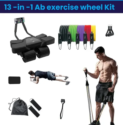 Vista 4 de Ab Roller - Equipo de gimnasio en casa – Rodillo muscular de 4 ruedas con pantalla LCD, 5 bandas de resistencia, correas de tobillo, anclaje