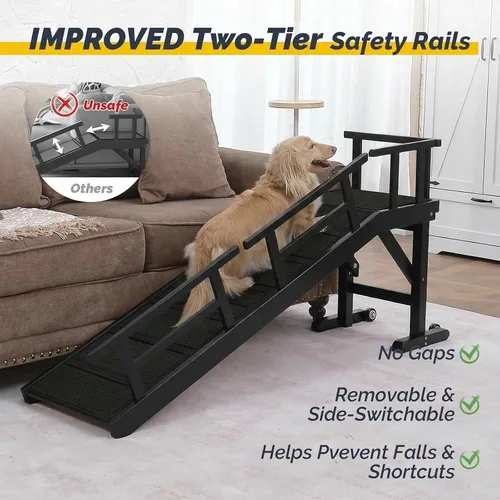 Vista 5 de Rampa para perros para cama o sofá, rampa de madera para mascotas con pendiente suave de 20°, rieles laterales extraíbles, superficie