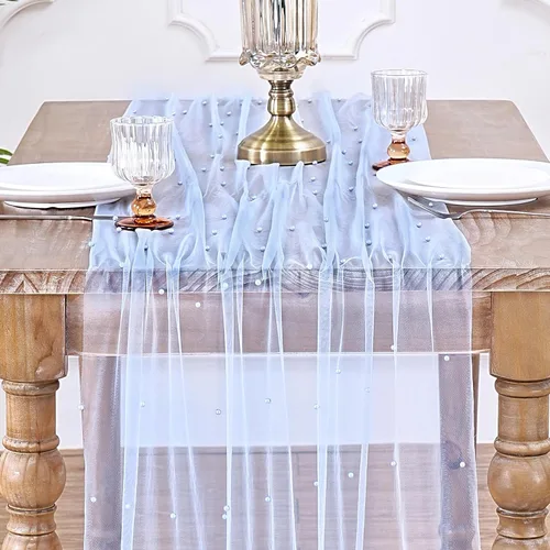 Vista 7 de LuoluoHouse Camino de Mesa de Perla para Centros de Mesa de Boda: Camino de Mesa de Perla de 10 pies, Decoración de Mesa de 29x120 Pulgadas de Tul