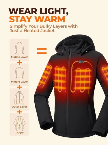 Vista 2 de ORORO Chaqueta térmica de doble control con 5 zonas de calor para mujer, abrigo térmico con batería recargable USB-C Negro