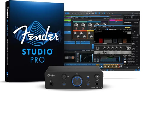 Vista 8 de Paquete completo de grabación Fender Quantum con interfaz USB Quantum LT2, micrófono, altavoces, auriculares y software de grabación. Paquete todo