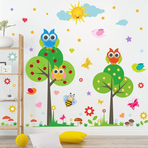 Vista 2 de Calcomanía de pared de animales para niños, diseño de flores, pájaros, mariposas, bricolaje, extraíble, despegar y pegar, decoración de árbol verde