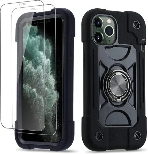 Vista 104 de Funda para iPhone 11 de 6.1 pulgadas con soporte de anillo, con 2 protectores de pantalla de vidrio, resistente a los golpes, resistente a