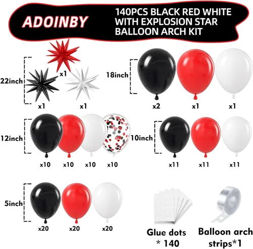 Vista 2 de Kit de arco de globos rojos, negros y blancos de ADOINBY, kit de guirnalda de globos con estrellas, 140 piezas, globos de diferentes tamaños