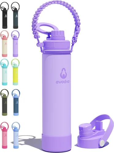 Vista 14 de Botella de agua aislada de 12 onzas con 2 tapas (tapa de popote y boquilla 2 en 1, tapa magnética), botella de agua para niños con correa, botella