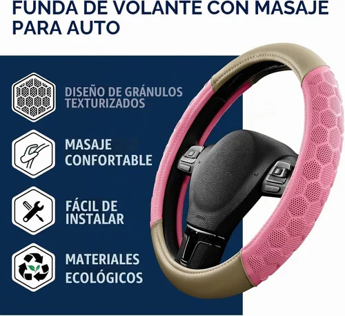 Vista 4 de Cubierta de Volante de Masaje PIC AUTO, Cubierta de Volante de Coche de Cuero Beige y Material de Patrón de Fútbol Rosa Combinado, Cubierta