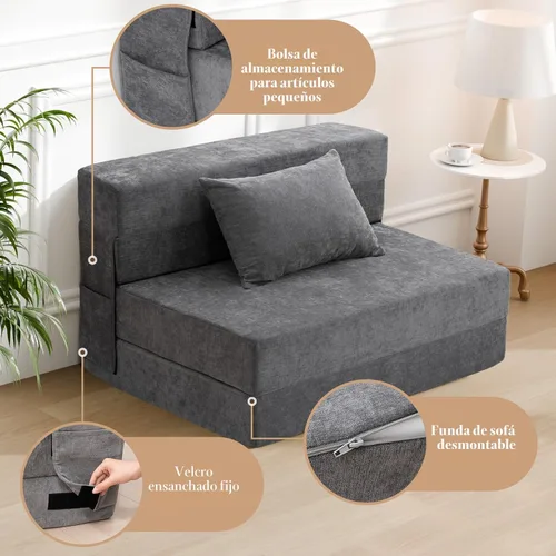 Vista 5 de HOMFINE Sofá cama plegable - Silla cama convertible con cojín, sofá desplegable, colchón de espuma viscoelástica para piso, sofá futón, sofá