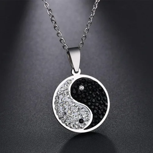Vista 4 de Houpotao Taichi Bagua Collar con colgante de acero inoxidable quirúrgico, ligero, hipoalergénico, cadena de clavícula Yin Yang con circonita cúbica