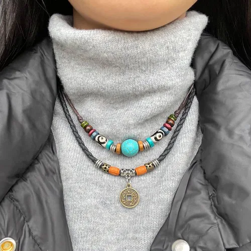 Vista 6 de Beulous Collar de cuero con cuentas de doble capa estilo tribal vintage para hombre y mujer, con colgante para surfista de verano y playa, Cuero, No