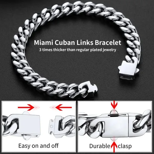 Vista 4 de ChainsHouse Pulsera de eslabones cubanos de acero inoxidable para hombre, 0.197in0.276in0.354in0.472in de ancho, 7.5"8.3"9" de largo, negro18K