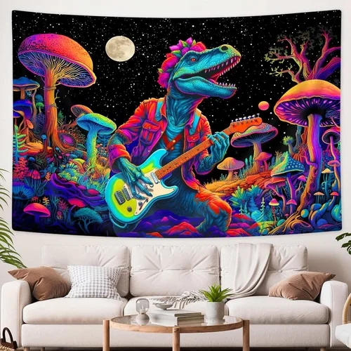Vista 7 de SAOLUIS Tapiz de luz negra de dinosaurio, divertidos tapices de hongos de dinosaurio de neón reactivo a los rayos UV para colgar en la pared, tapiz